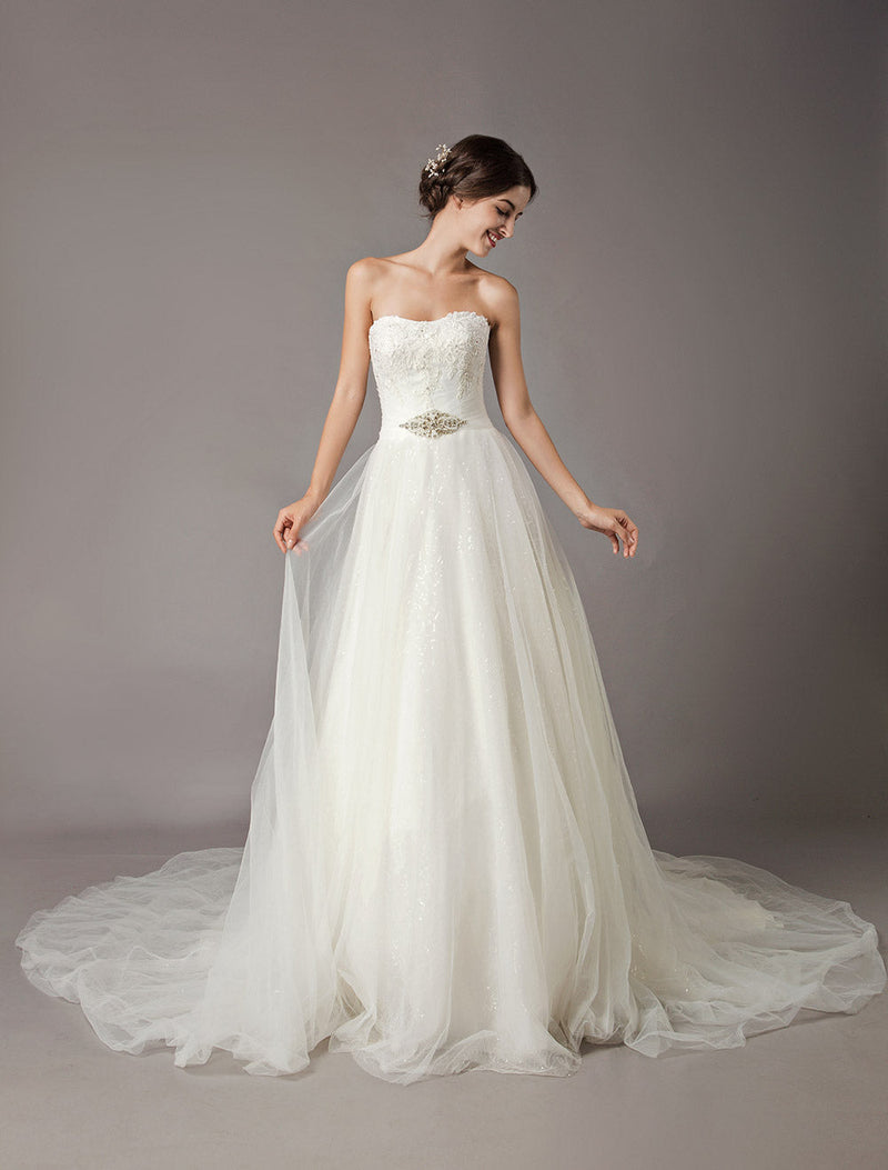 Illusion Sleeved Beaded Lace A-line Wedding Dress